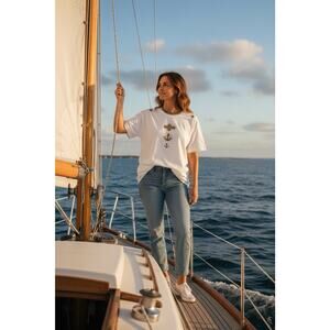 NWT Vintage Gepetto Women L White Blue Gold Nautical Themed T-Shirt Anchor Star